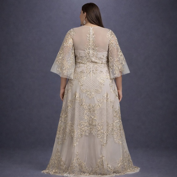 Lara Amber Lattice Lace Champagne Wedding Gown 20 Beaded Illusion Bridal Dress - Picture 2 of 4